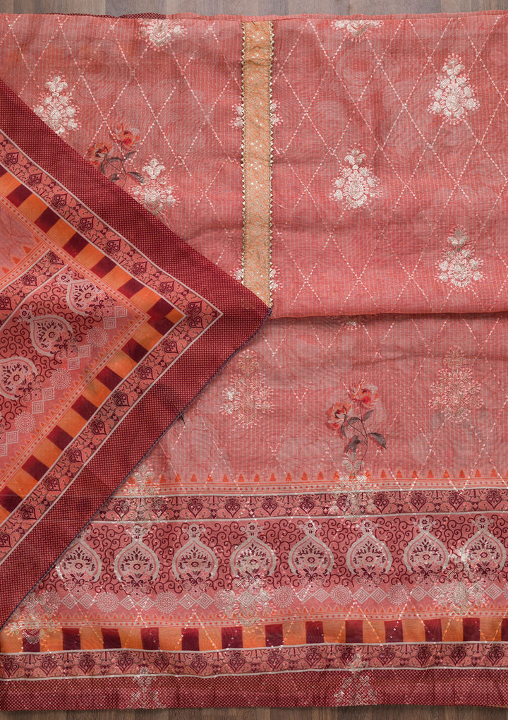 Peach Zariwork Chanderi Unstitched Salwar Suit-Koskii