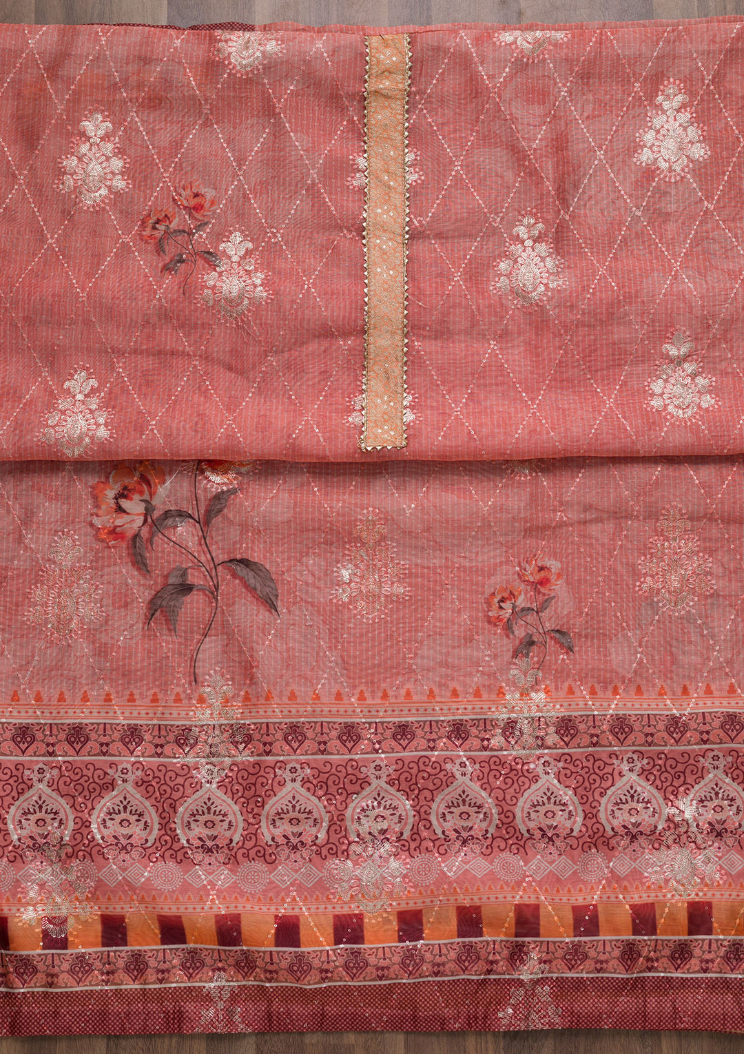 Peach Zariwork Chanderi Unstitched Salwar Suit-Koskii