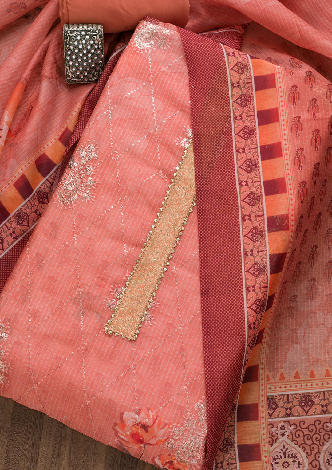 Peach Zariwork Chanderi Unstitched Salwar Suit-Koskii