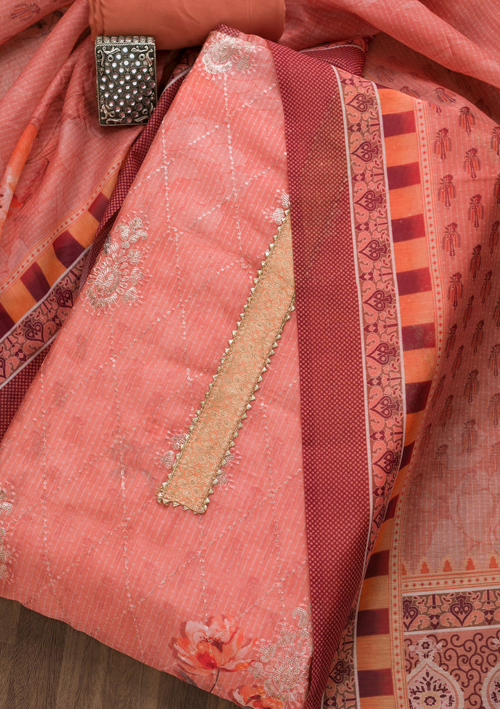 Peach Zariwork Chanderi Unstitched Salwar Suit-Koskii
