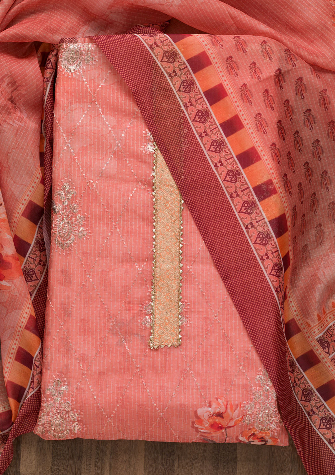 Peach Zariwork Chanderi Unstitched Salwar Suit-Koskii