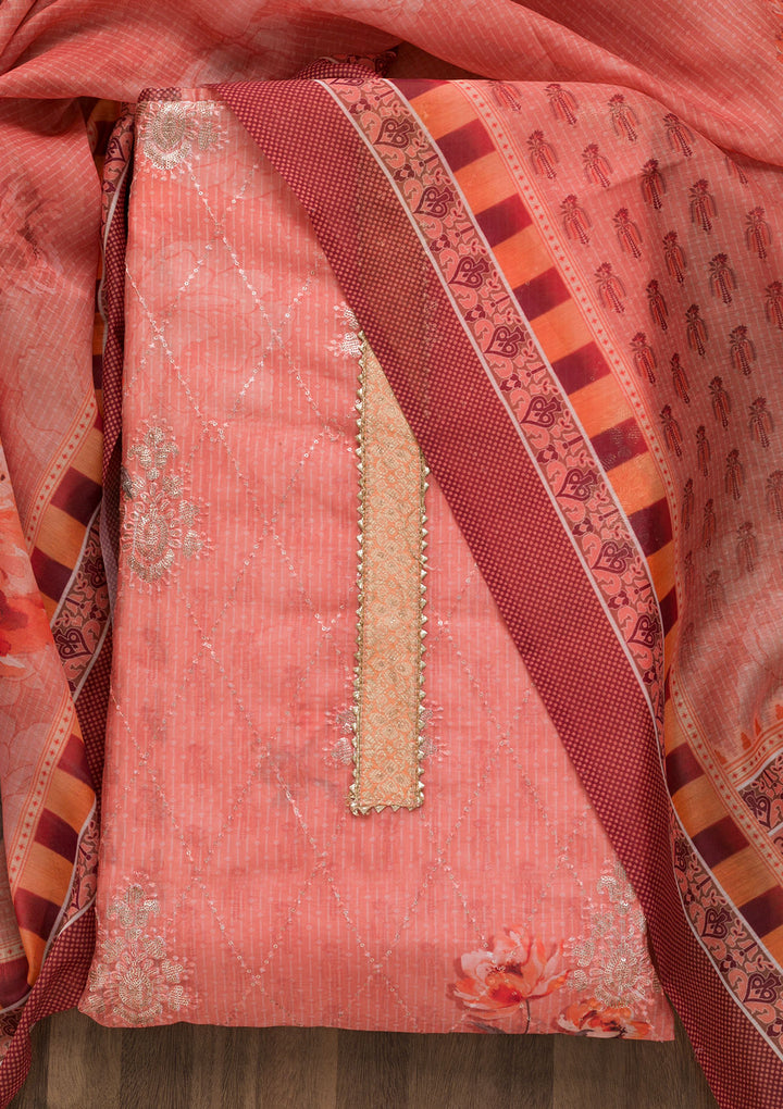 Peach Zariwork Chanderi Unstitched Salwar Suit-Koskii