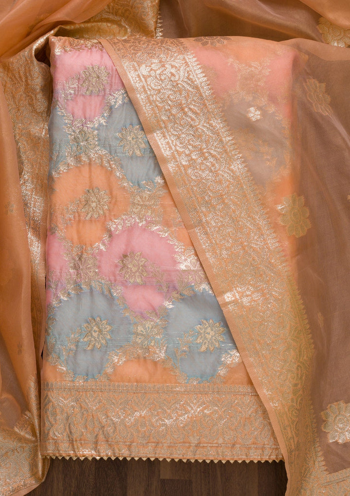 Peach Zariwork Chanderi Unstitched Salwar Suit-Koskii
