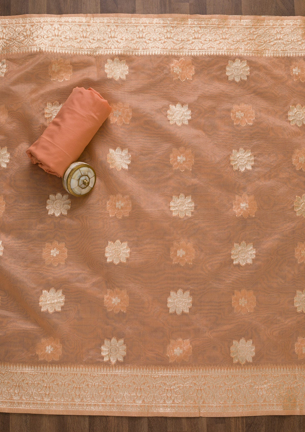 Peach Zariwork Chanderi Unstitched Salwar Suit-Koskii