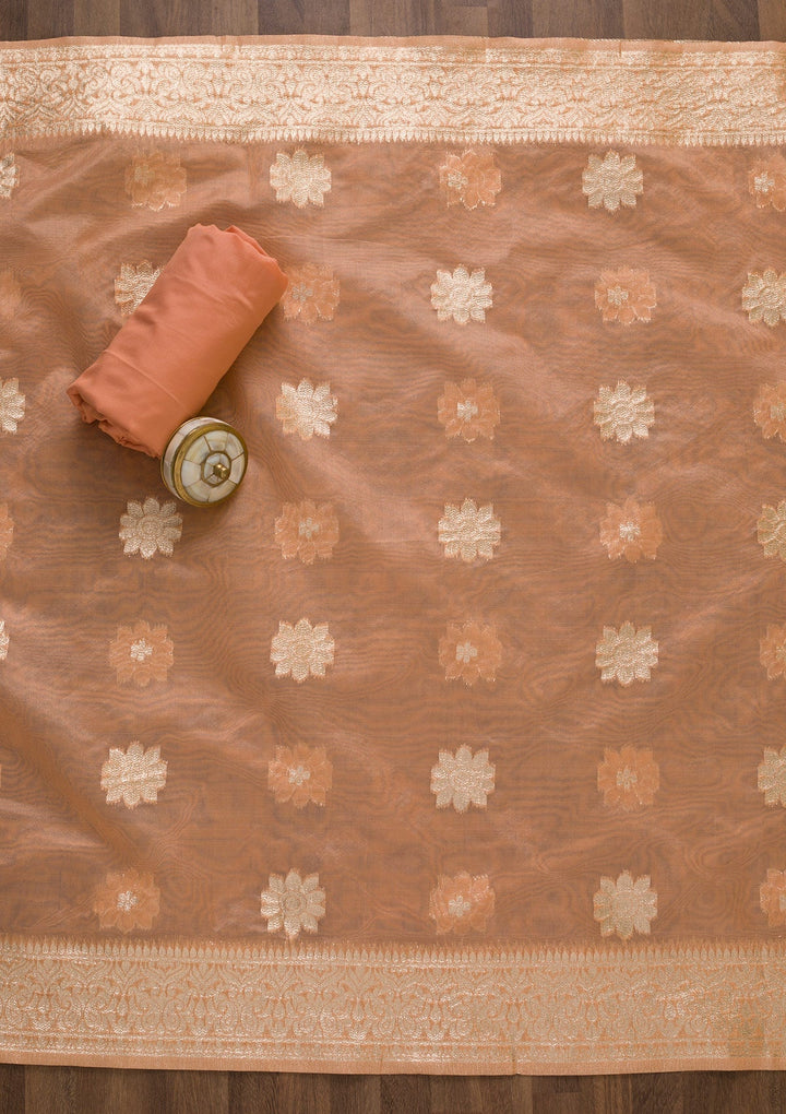 Peach Zariwork Chanderi Unstitched Salwar Suit-Koskii