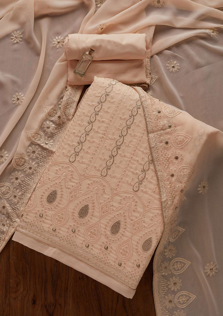 Peach Zariwork Chiffon Designer Unstitched Salwar Suit - Koskii