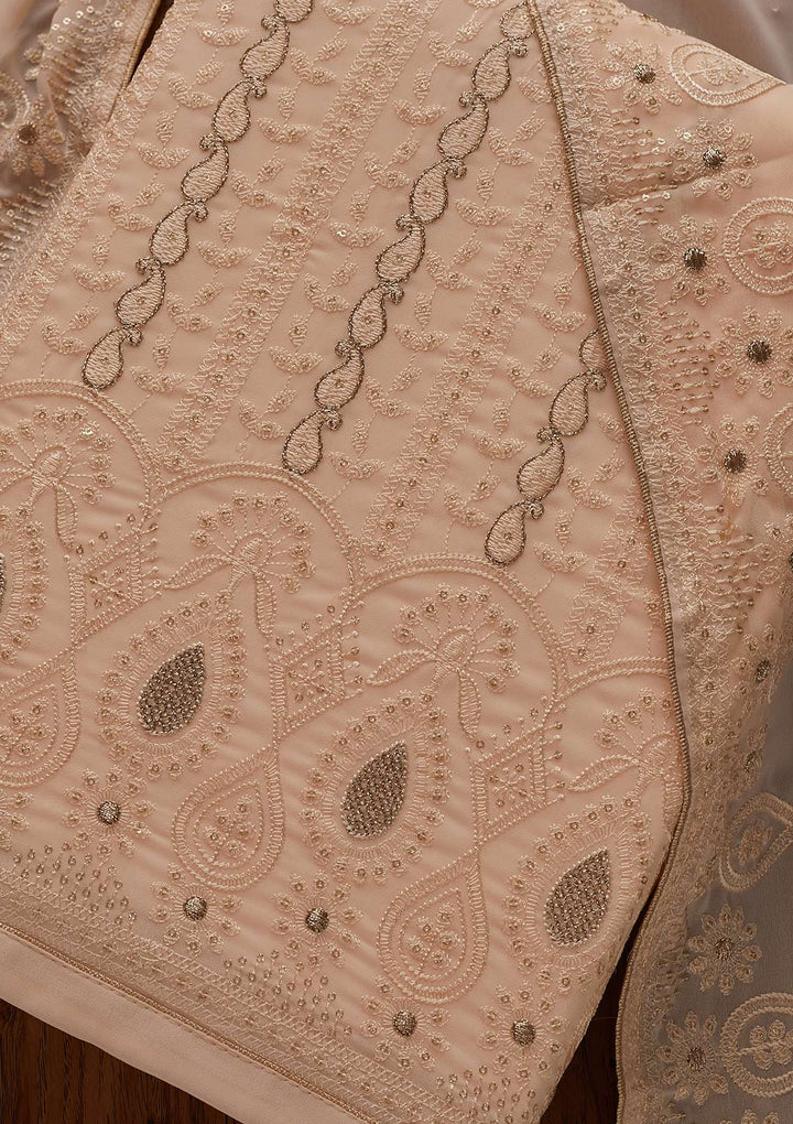 Peach Zariwork Chiffon Designer Unstitched Salwar Suit - Koskii