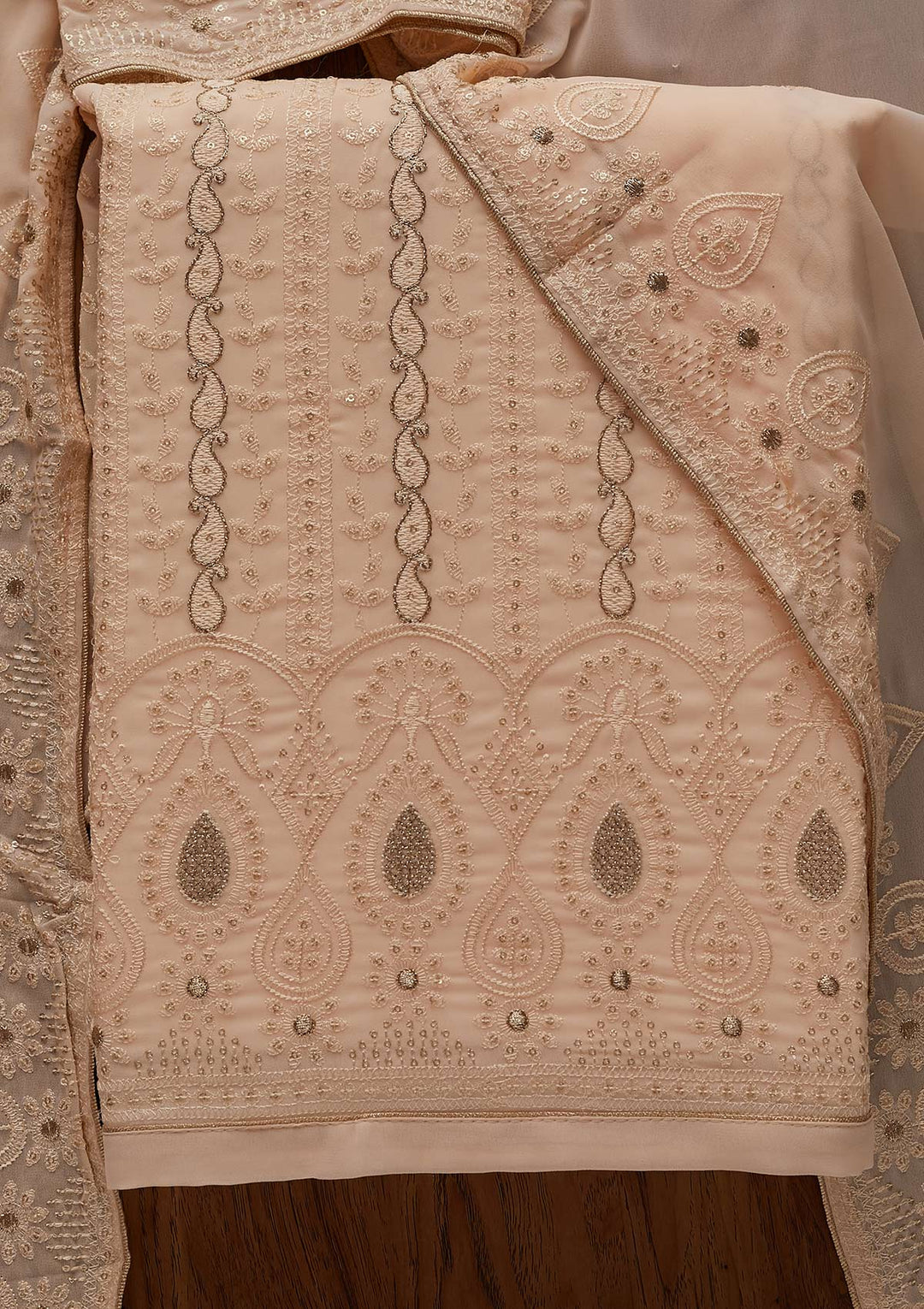 Peach Zariwork Chiffon Designer Unstitched Salwar Suit - Koskii