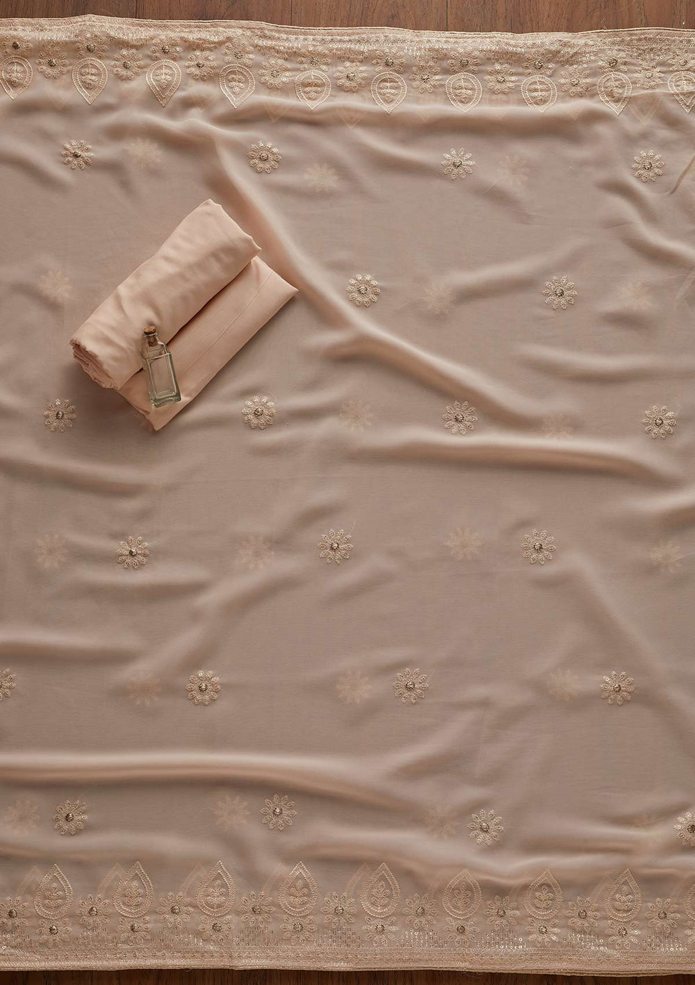 Peach Zariwork Chiffon Designer Unstitched Salwar Suit - Koskii