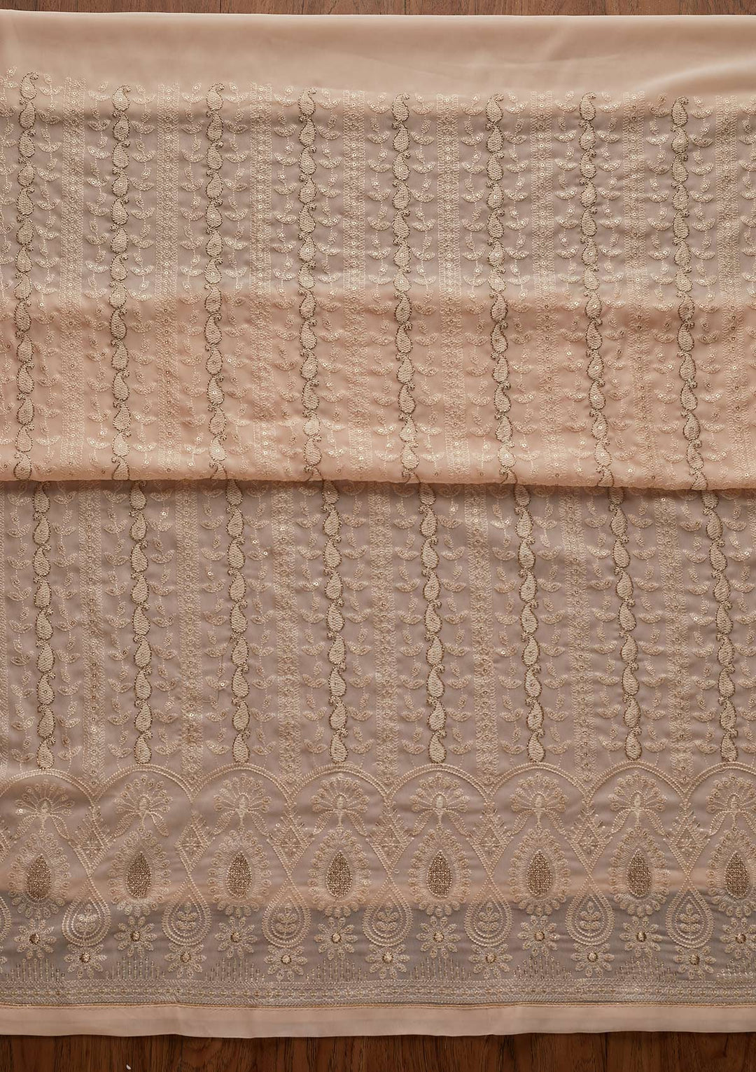 Peach Zariwork Chiffon Designer Unstitched Salwar Suit - Koskii