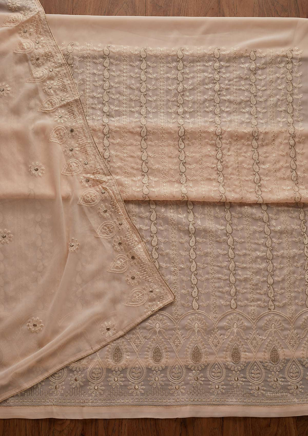 Peach Zariwork Chiffon Designer Unstitched Salwar Suit - Koskii