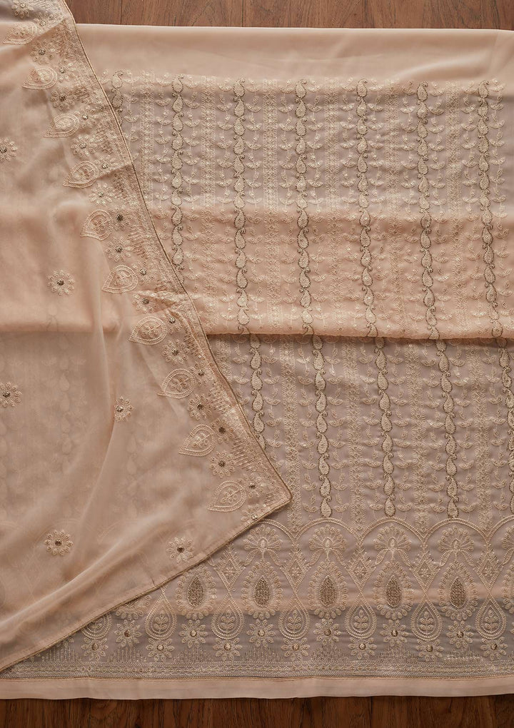 Peach Zariwork Chiffon Designer Unstitched Salwar Suit - Koskii