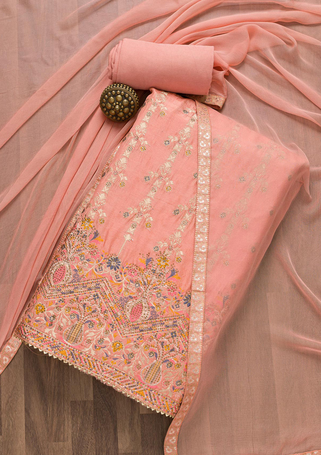 Peach Soft Silk Zariwork Unstitched Salwar Kameez-Koskii