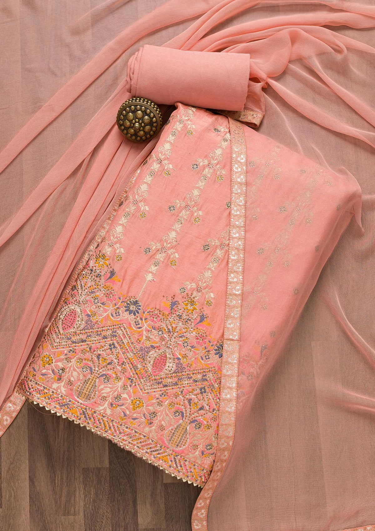 Peach Soft Silk Zariwork Unstitched Salwar Kameez-Koskii
