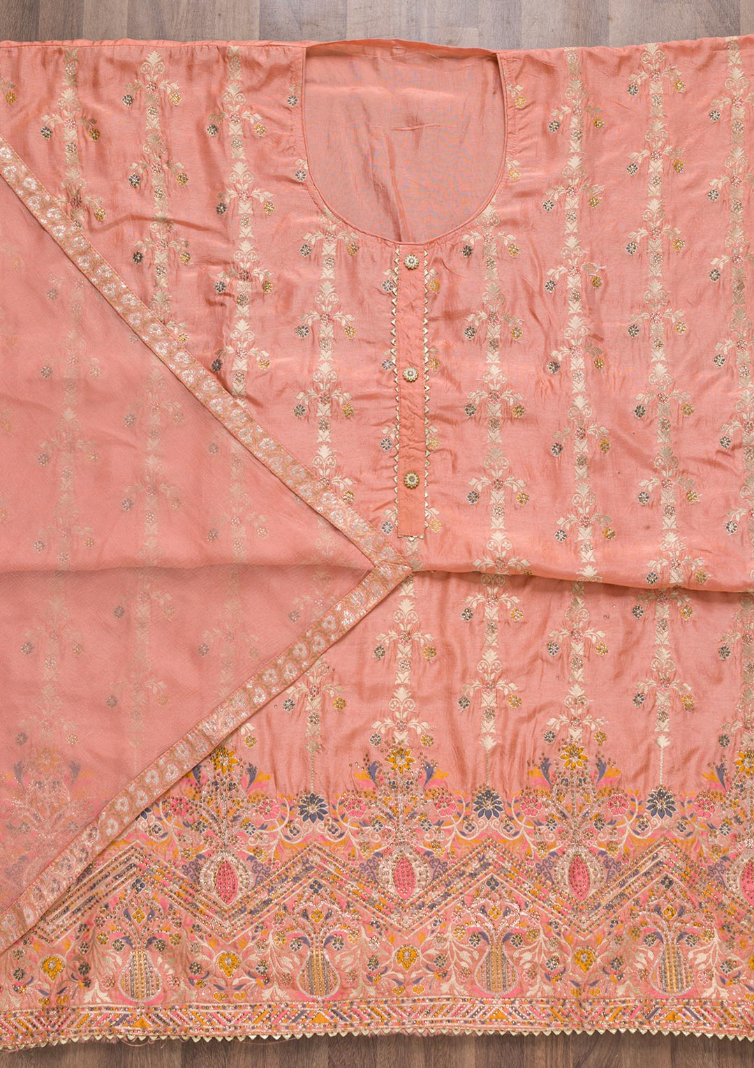 Peach Soft Silk Zariwork Unstitched Salwar Suit-koskii