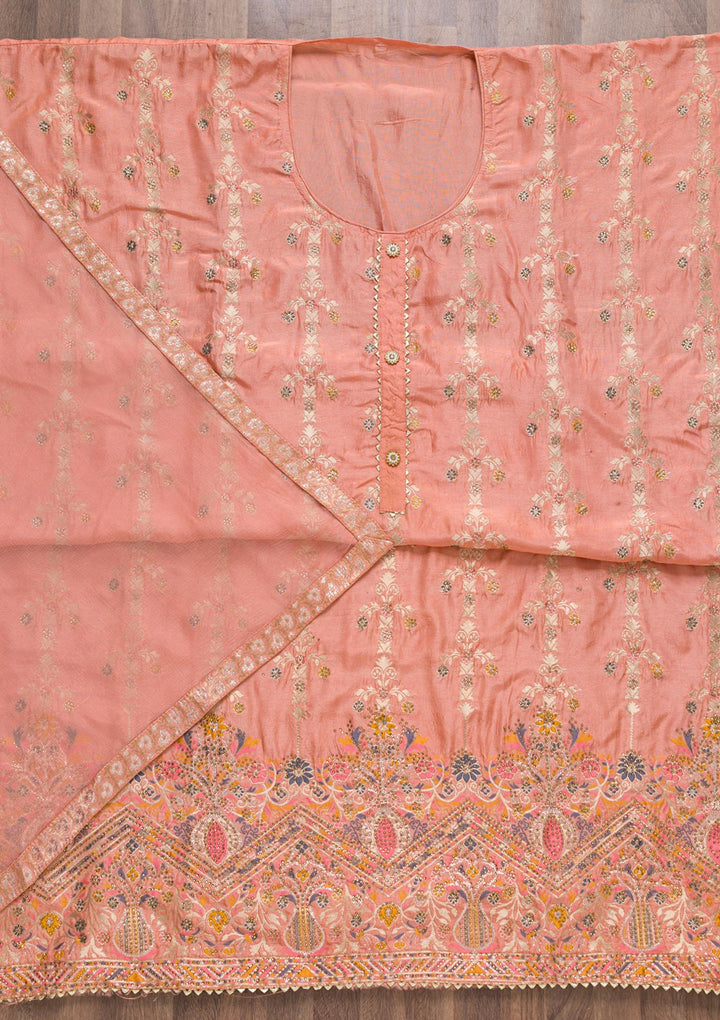 Peach Soft Silk Zariwork Unstitched Salwar Suit-koskii