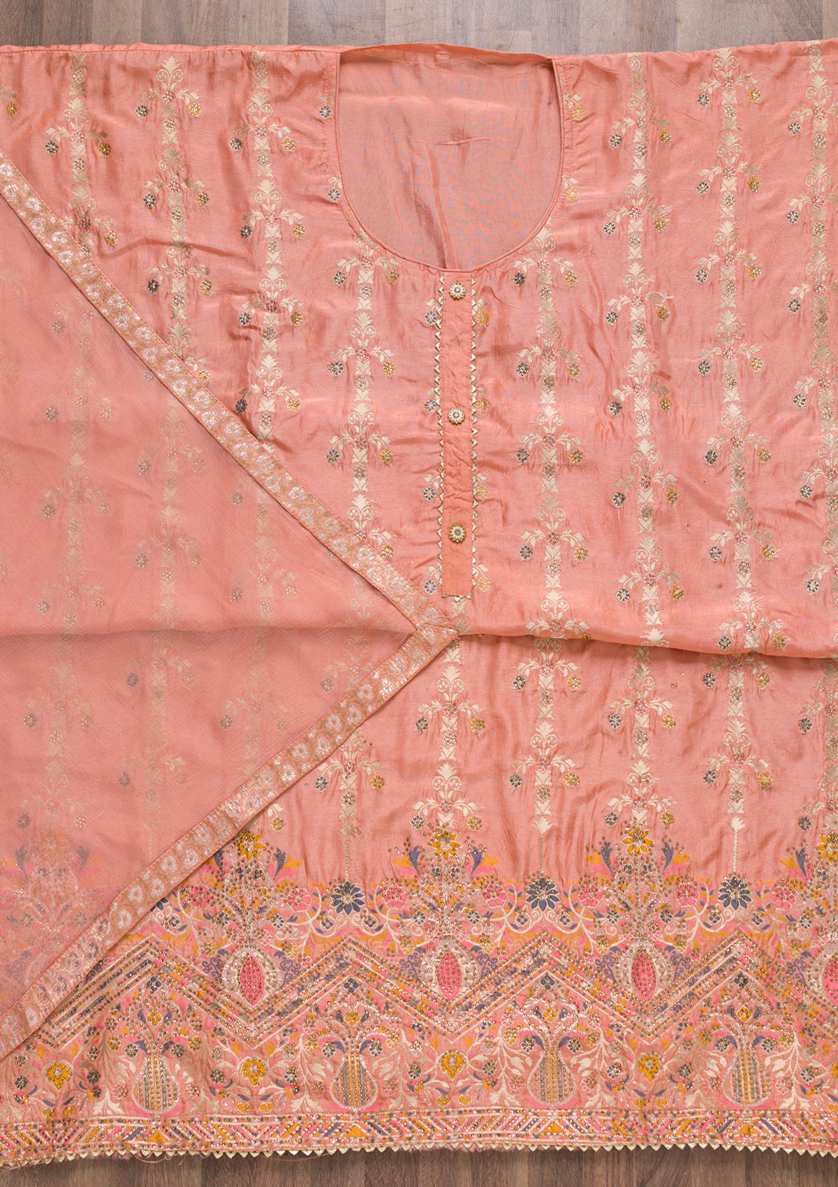 Peach Soft Silk Zariwork Unstitched Salwar Suit-koskii