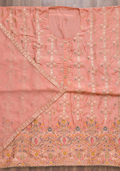 Peach Soft Silk Zariwork Unstitched Salwar Suit-koskii