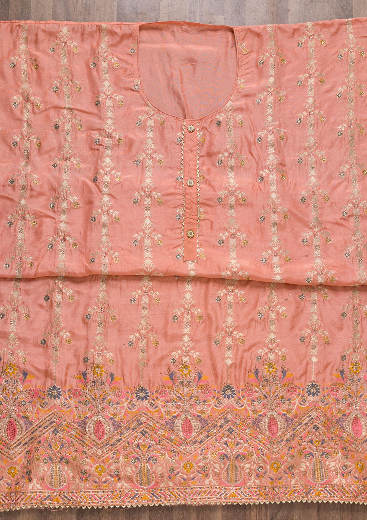Peach Soft Silk Zariwork Unstitched Salwar Suit-koskii