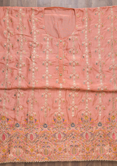 Peach Soft Silk Zariwork Unstitched Salwar Suit-koskii