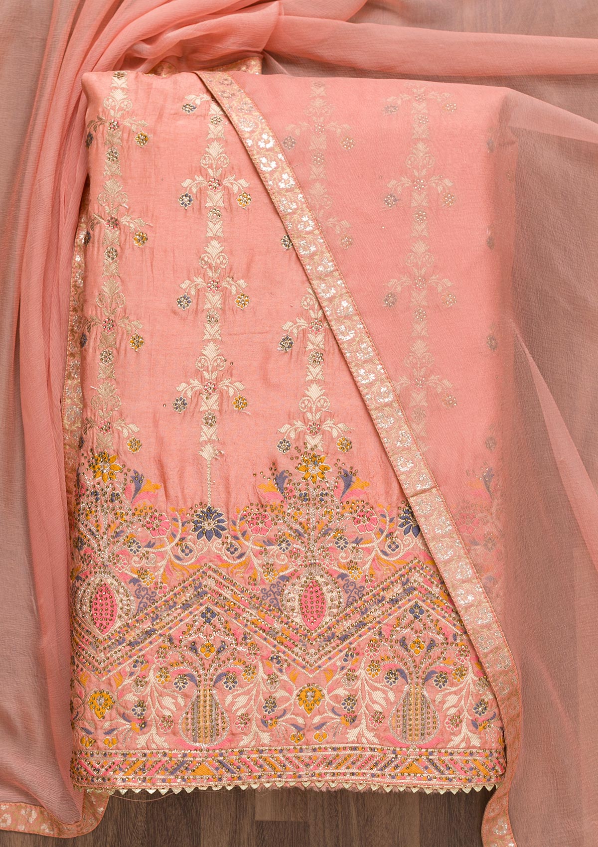 Peach Soft Silk Zariwork Unstitched Salwar Suit-koskii