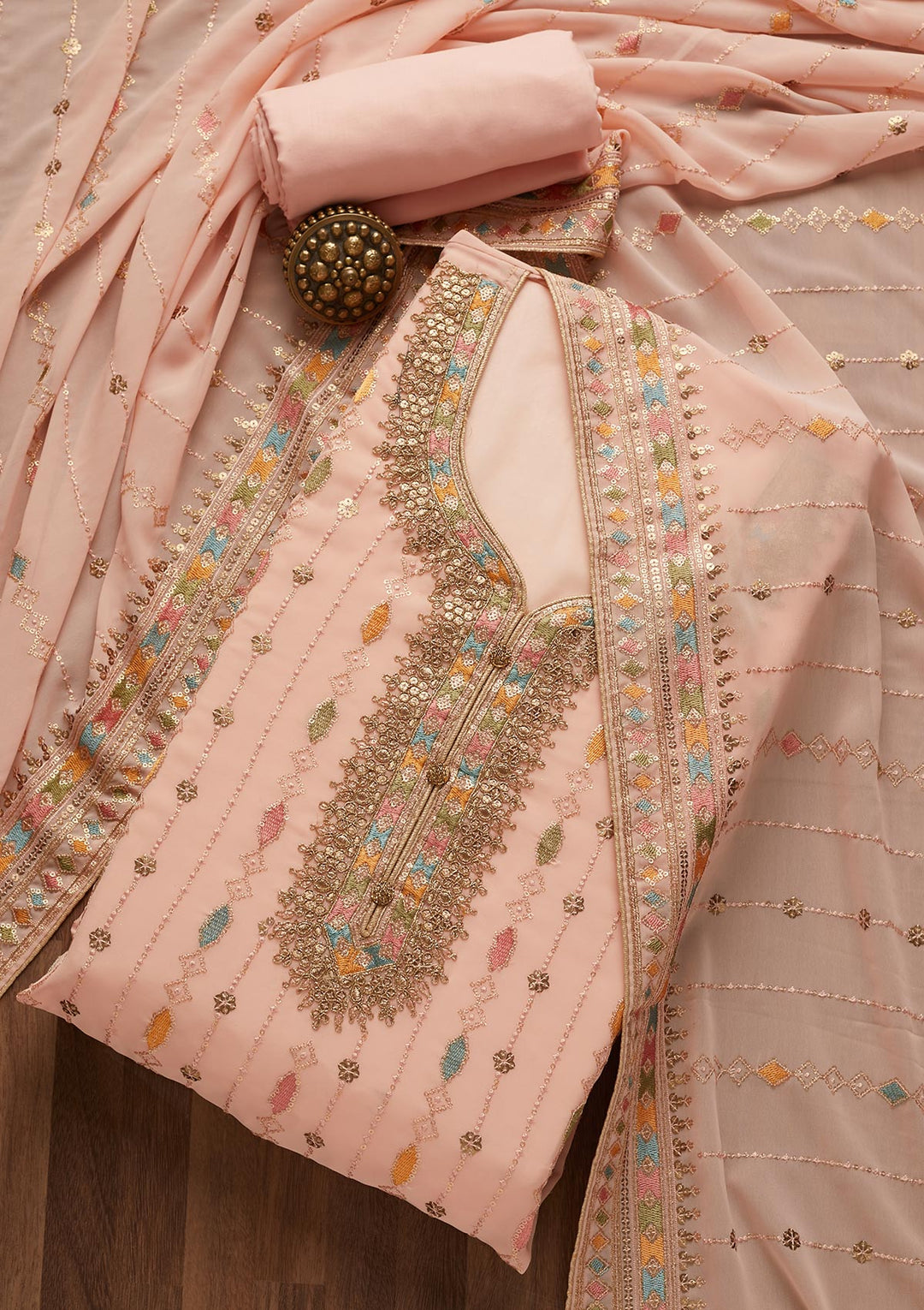 Peach Zariwork Georgette Semi-Stitched Salwar Suit- Koskii