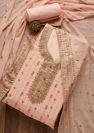 Peach Zariwork Georgette Semi-Stitched Salwar Suit- Koskii