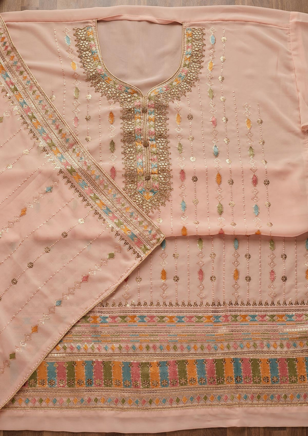 Peach Zariwork Georgette Semi-Stitched Salwar Suit - Koskii