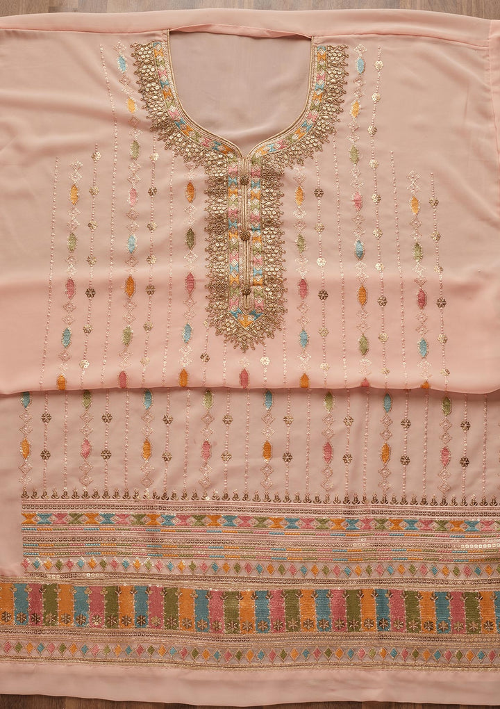 Peach Zariwork Georgette Semi-Stitched Salwar Suit - Koskii