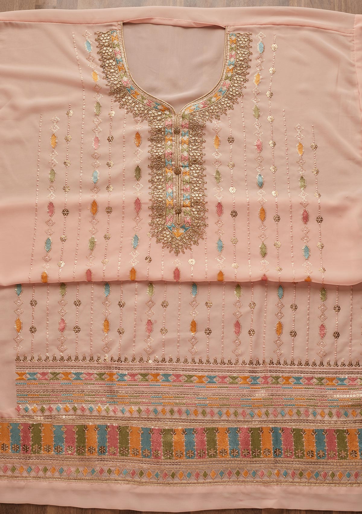 Peach Zariwork Georgette Semi-Stitched Salwar Suit - Koskii