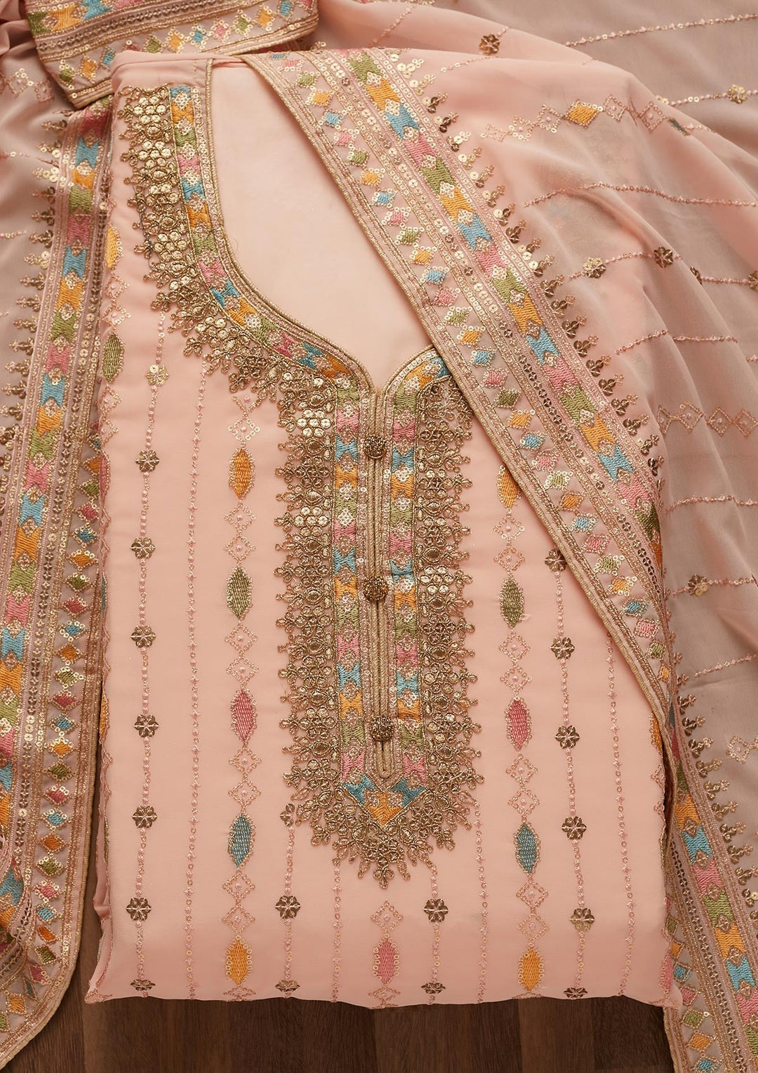 Peach Zariwork Georgette Semi-Stitched Salwar Suit - Koskii