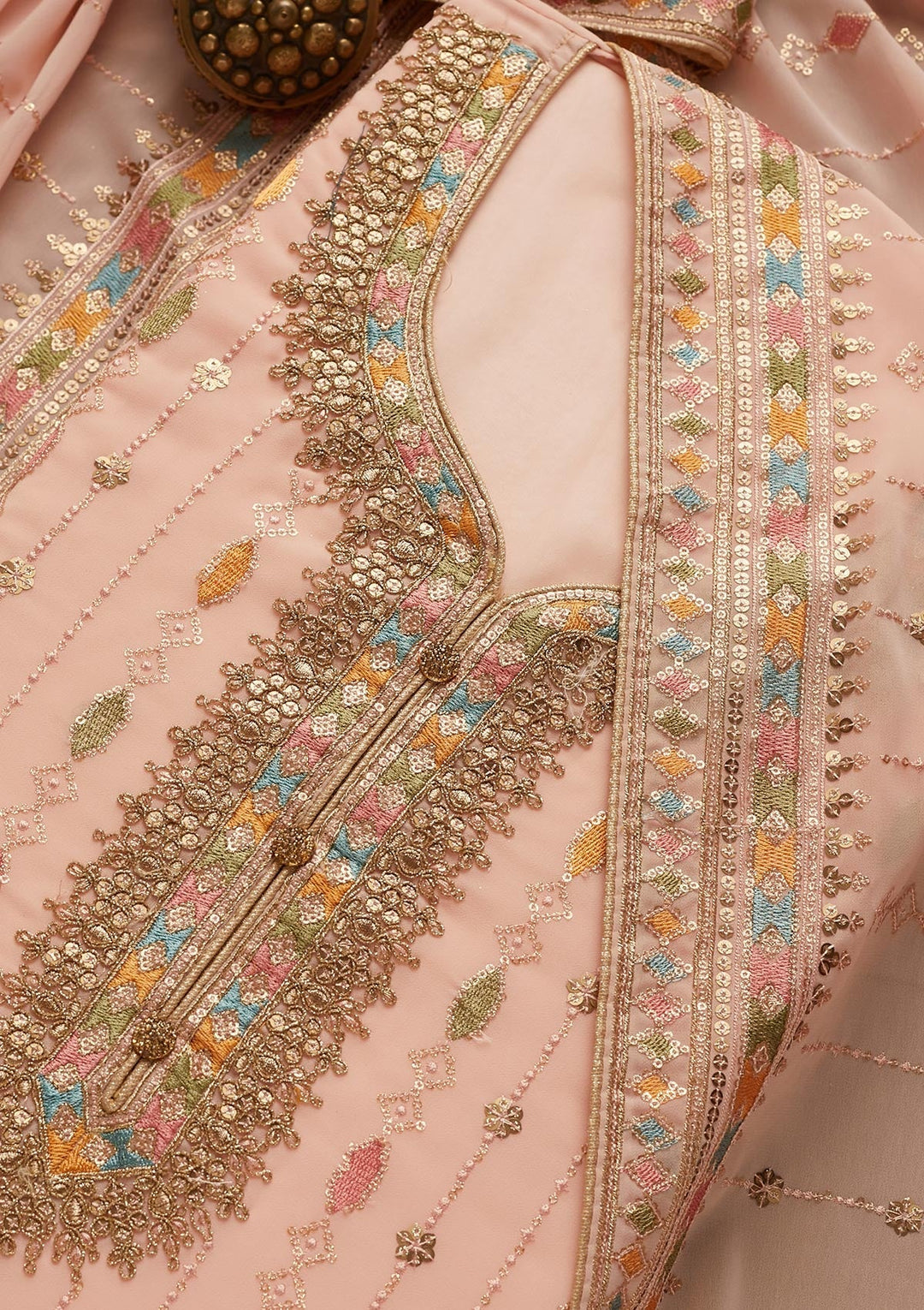 Peach Zariwork Georgette Semi-Stitched Salwar Suit - Koskii