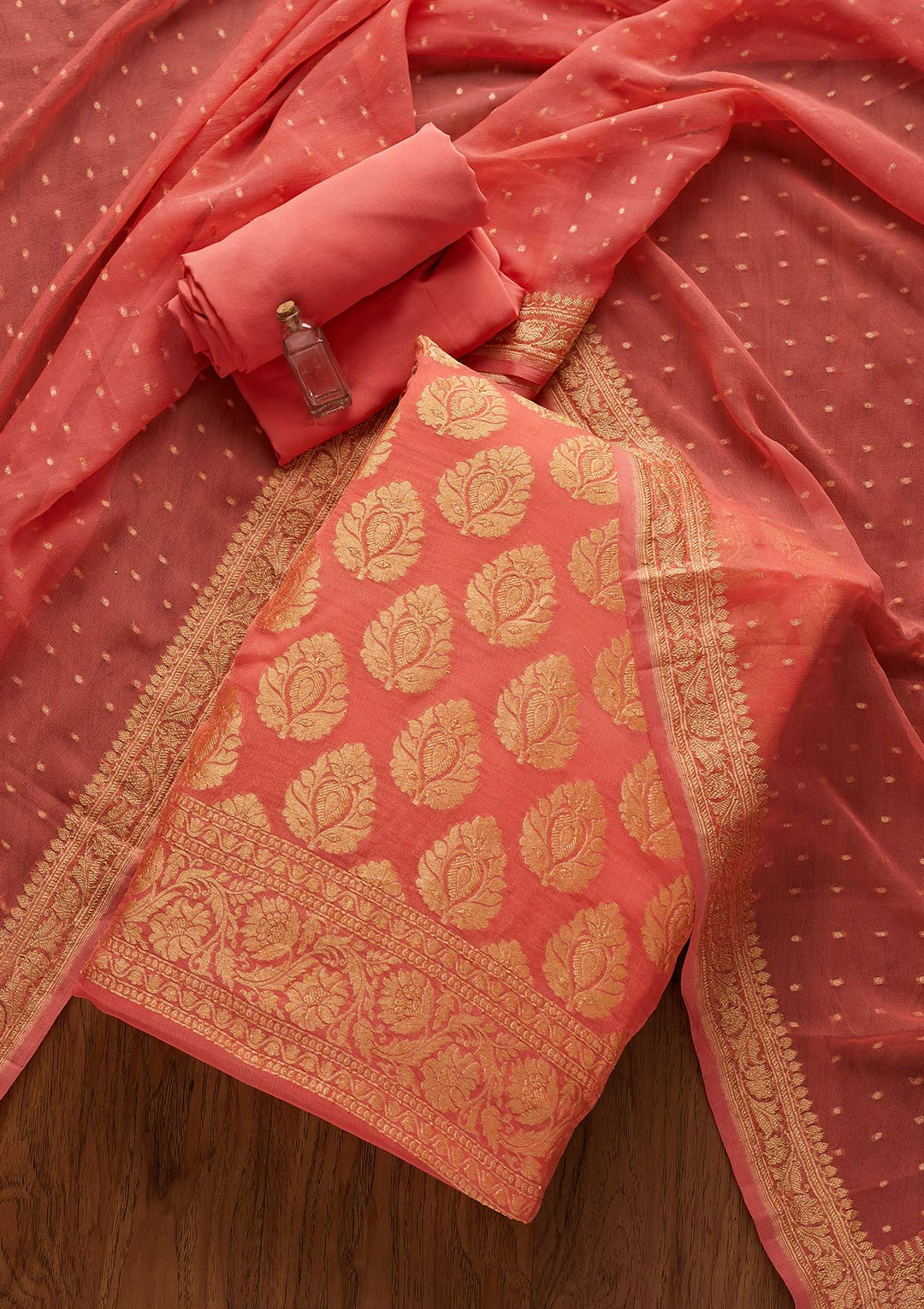 Peach Zariwork Georgette Designer Unstitched Salwar Suit - koskii