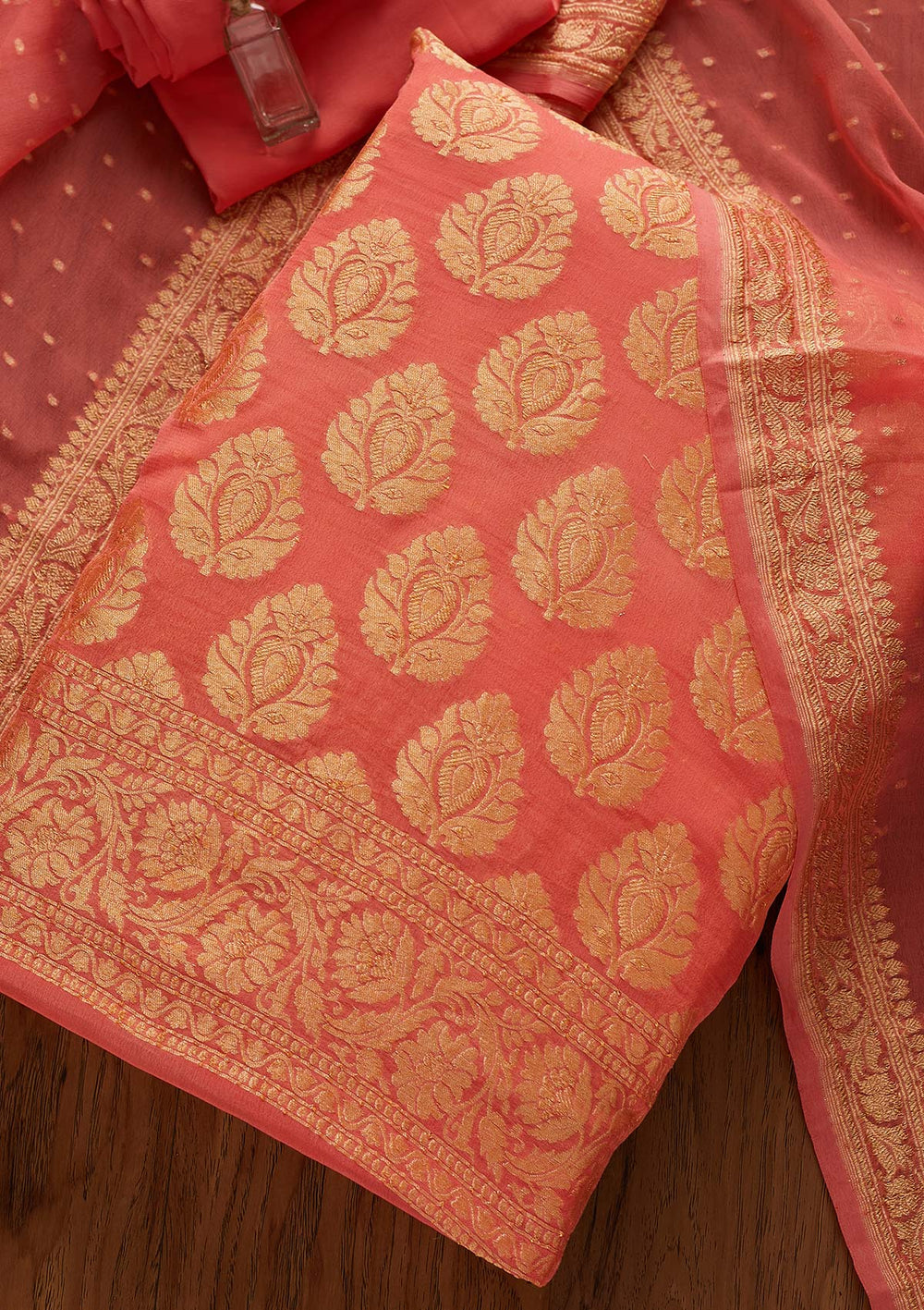 Peach Zariwork Georgette Designer Unstitched Salwar Suit - koskii