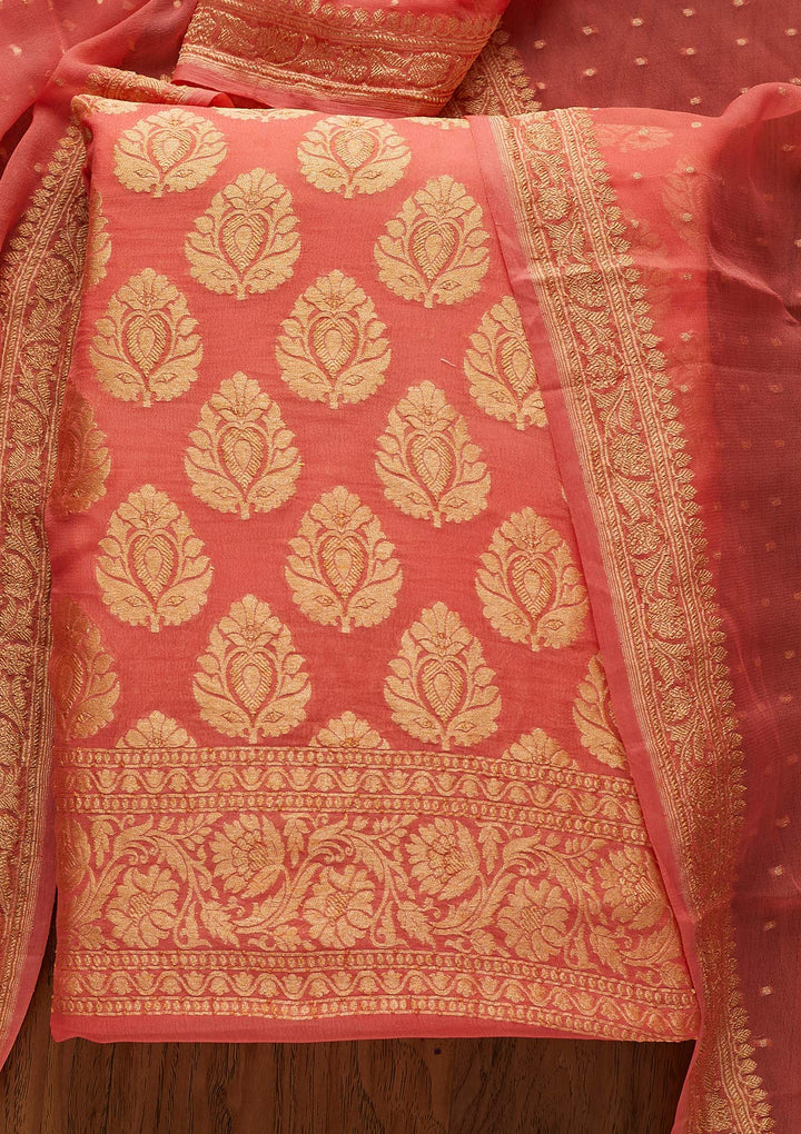 Peach Zariwork Georgette Designer Unstitched Salwar Suit - koskii