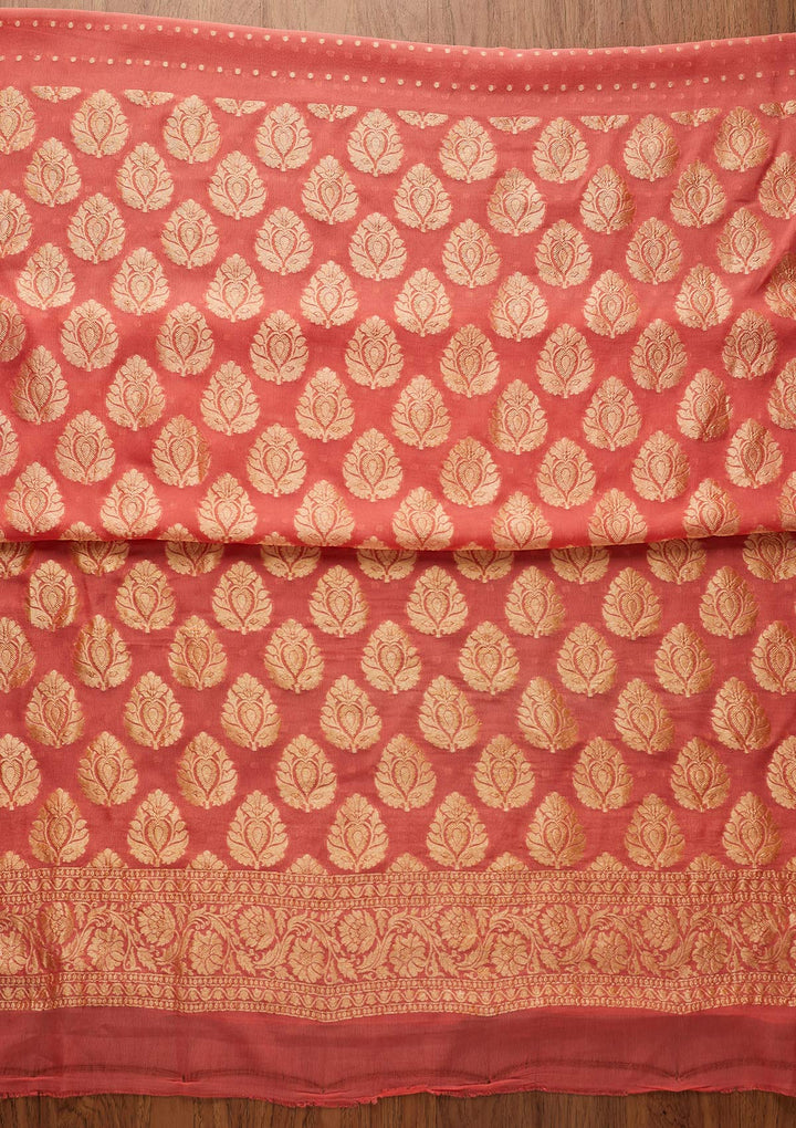 Peach Zariwork Georgette Designer Unstitched Salwar Suit - koskii