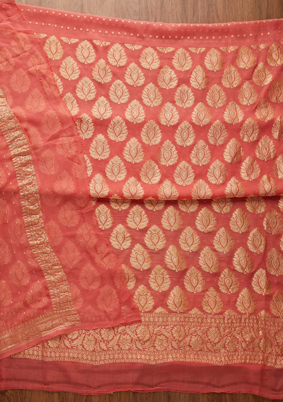 Peach Zariwork Georgette Designer Unstitched Salwar Suit - koskii