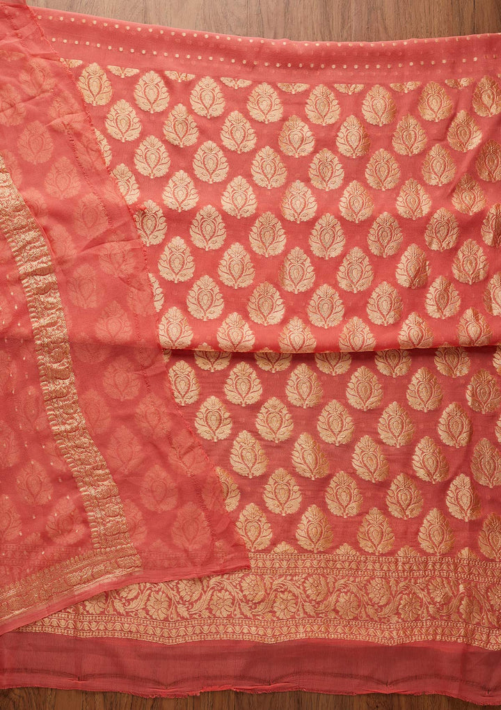 Peach Zariwork Georgette Designer Unstitched Salwar Suit - koskii