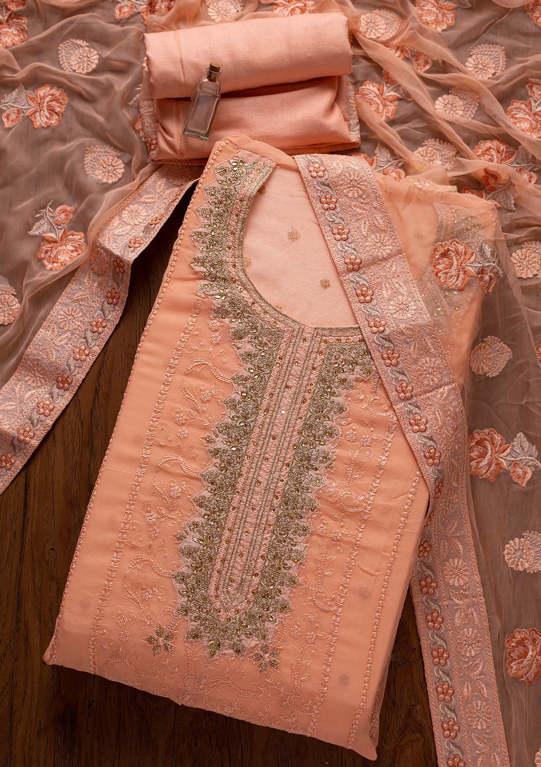 Peach Zariwork Georgette Designer Unstitched Salwar Suit - koskii