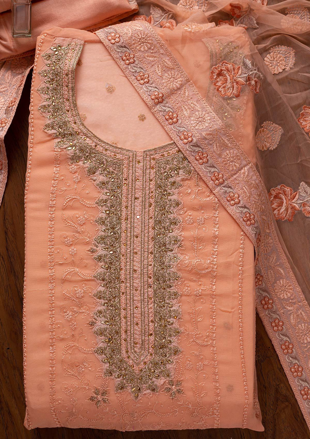 Peach Zariwork Georgette Designer Unstitched Salwar Suit - koskii