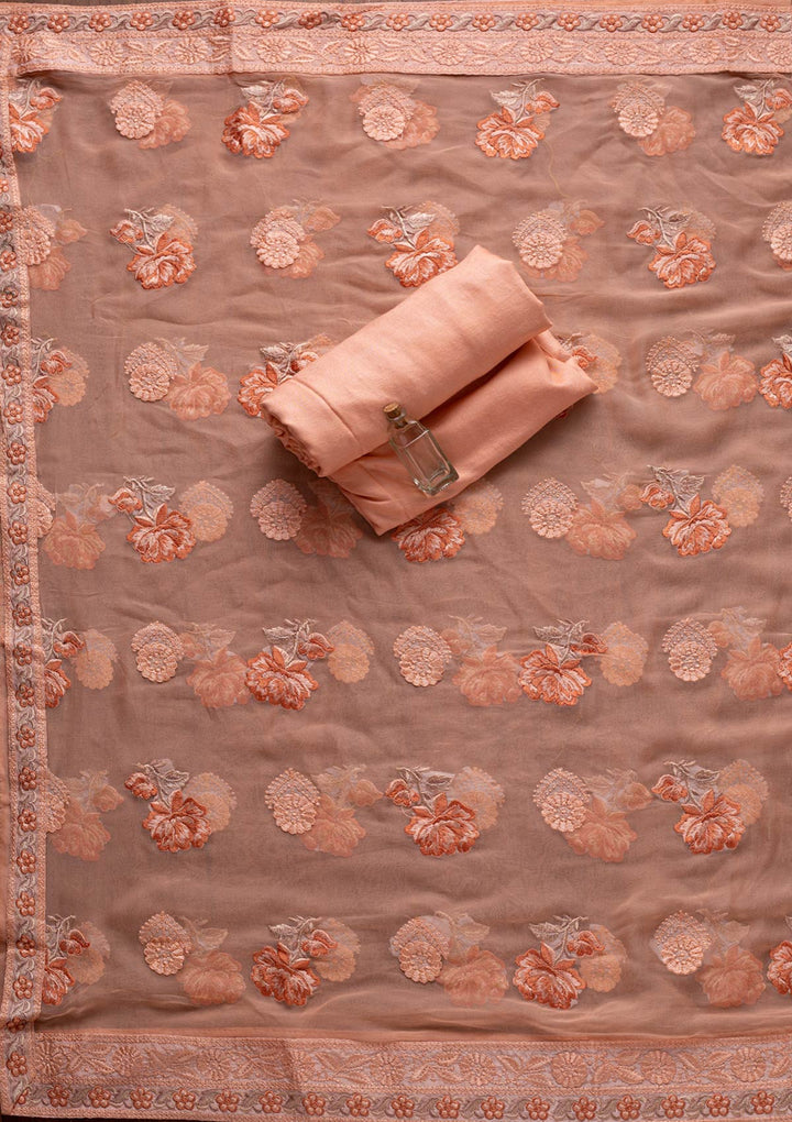 Peach Zariwork Georgette Designer Unstitched Salwar Suit - koskii