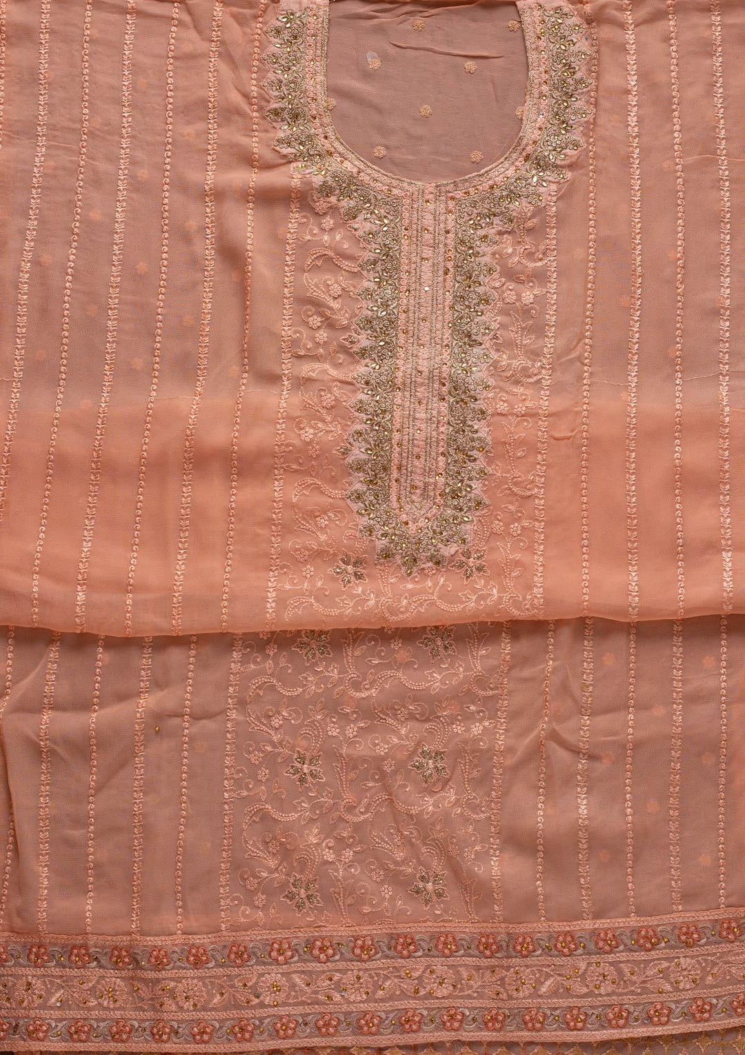 Peach Zariwork Georgette Designer Unstitched Salwar Suit - koskii