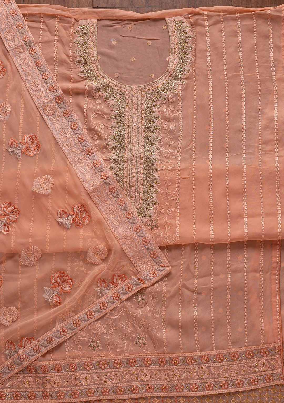 Peach Zariwork Georgette Designer Unstitched Salwar Suit - koskii