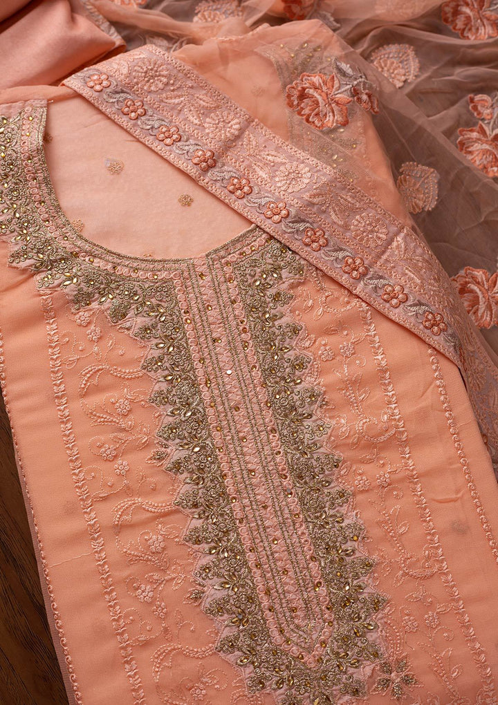 Peach Zariwork Georgette Designer Unstitched Salwar Suit - koskii