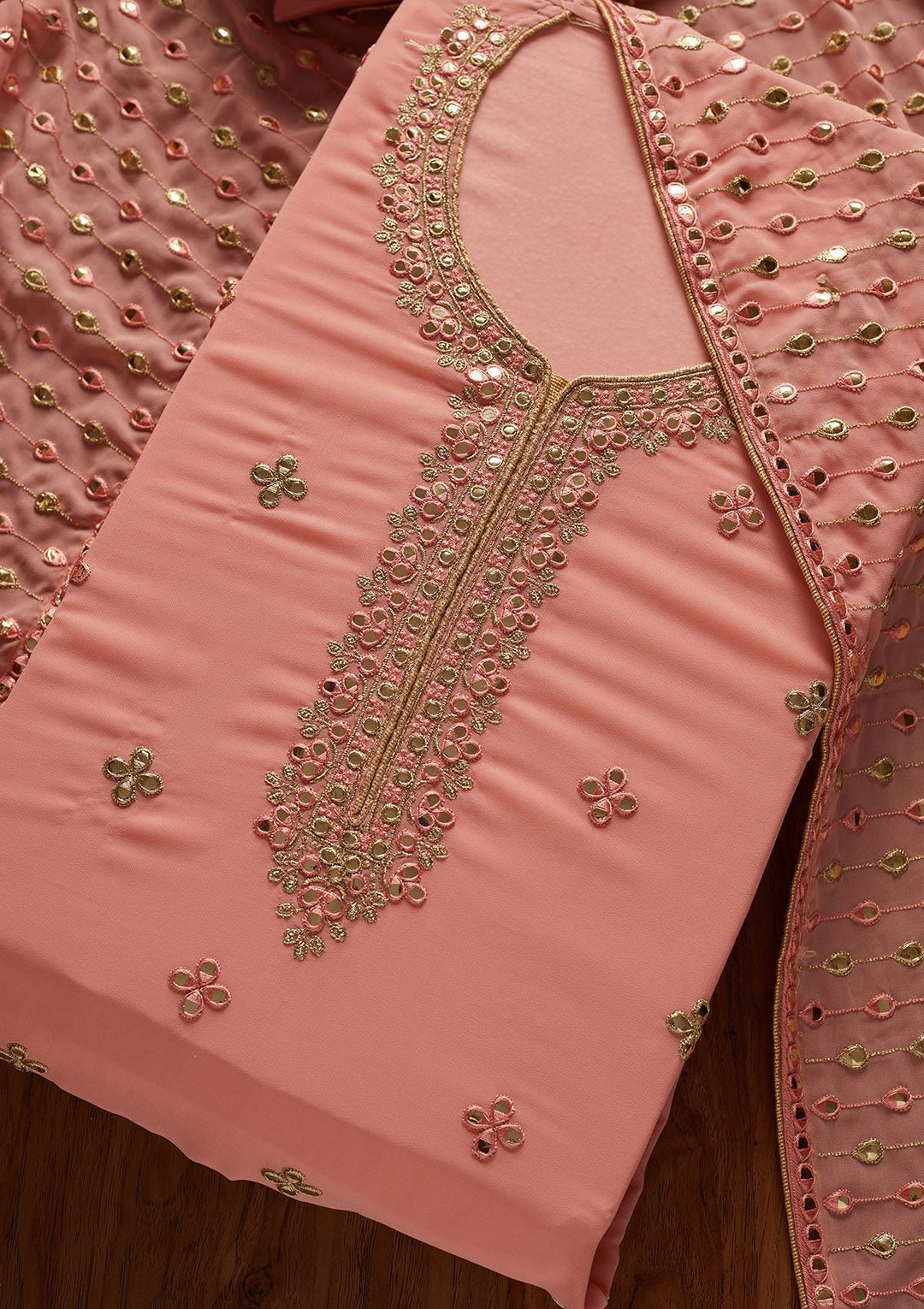Peach Zariwork Georgette Designer Unstitched Salwar Suit - koskii