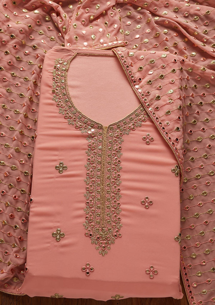 Peach Zariwork Georgette Designer Unstitched Salwar Suit - koskii
