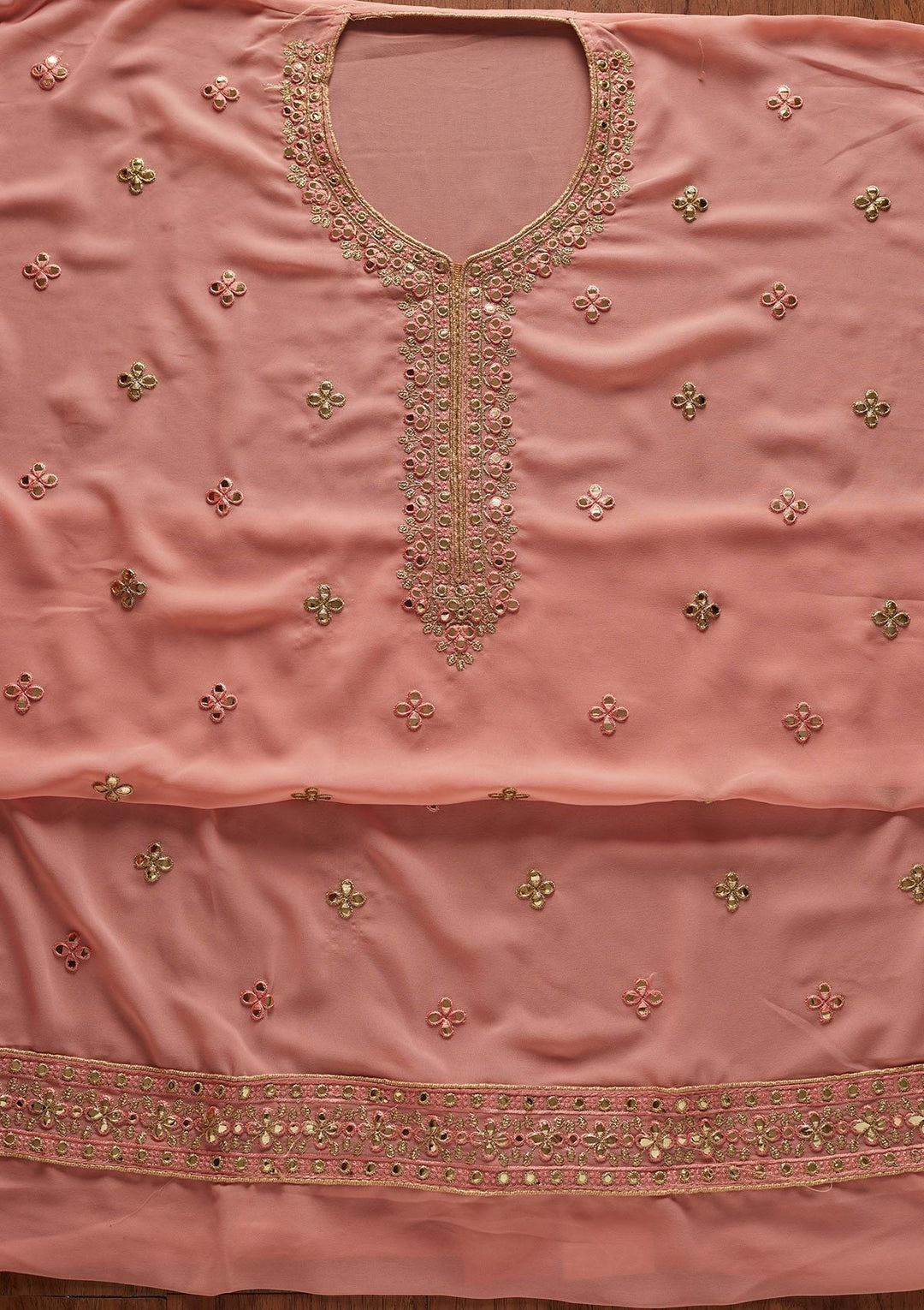 Peach Zariwork Georgette Designer Unstitched Salwar Suit - koskii