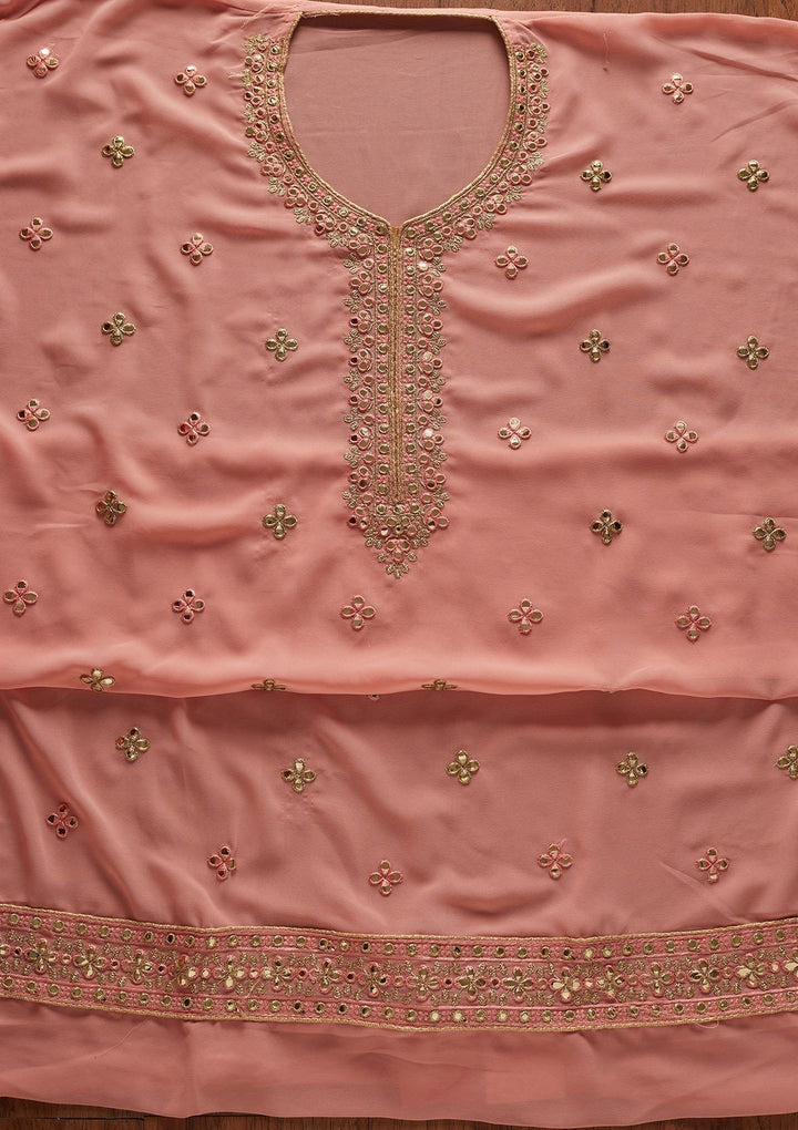 Peach Zariwork Georgette Designer Unstitched Salwar Suit - koskii