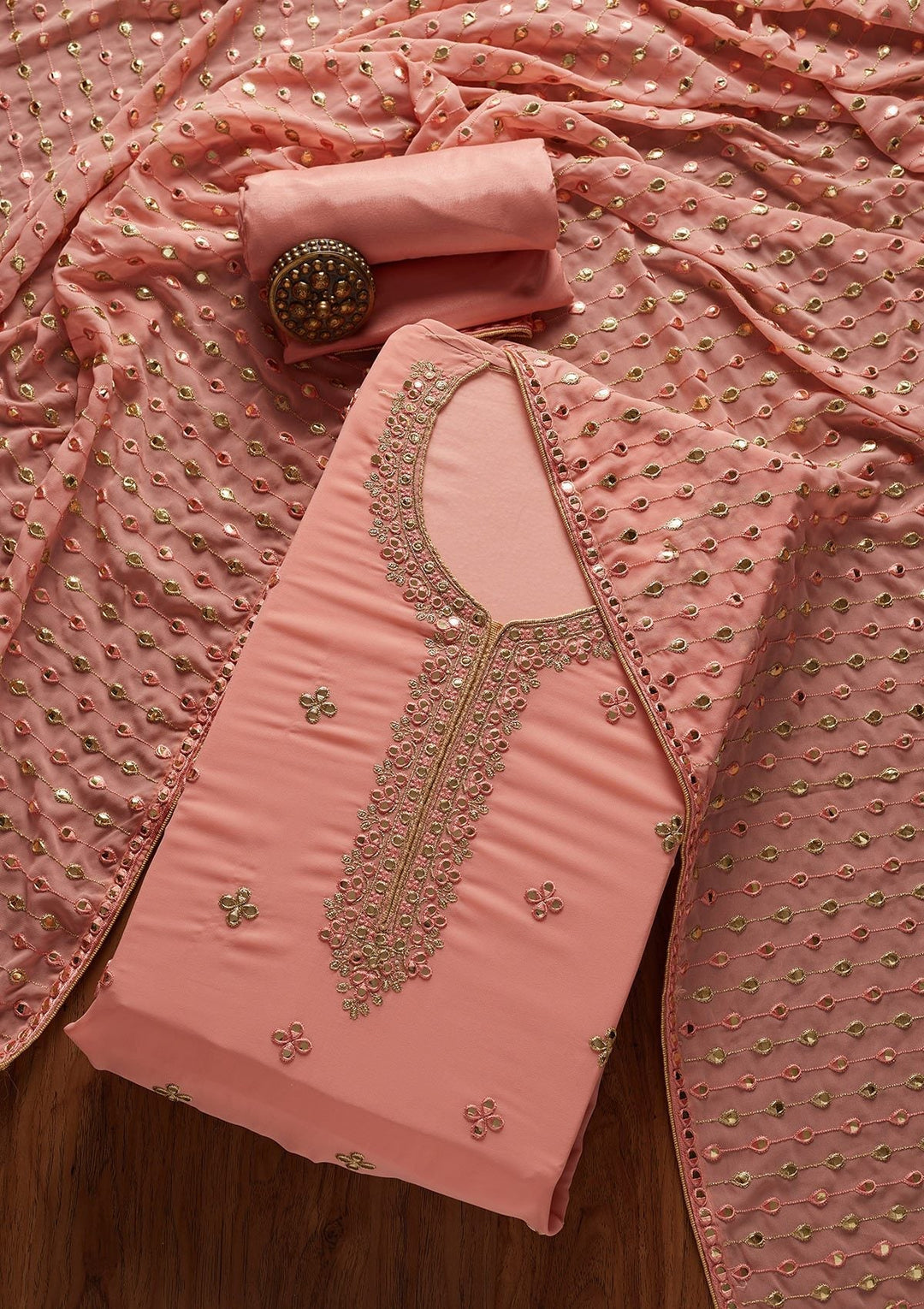 Peach Zariwork Georgette Designer Unstitched Salwar Suit - koskii
