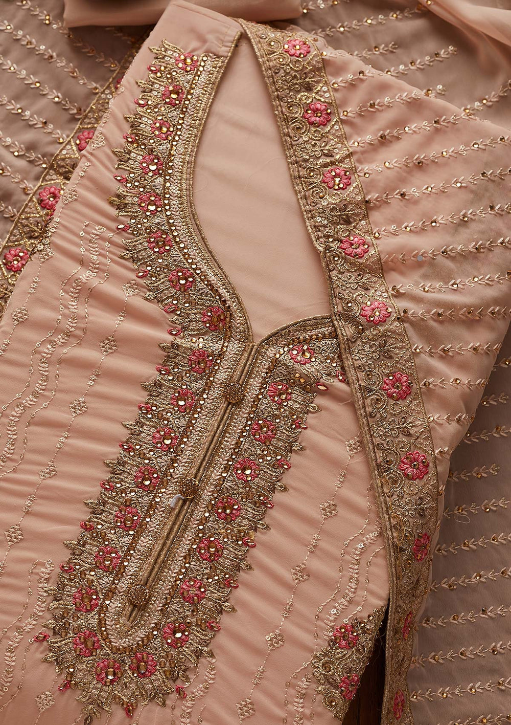 Peach Zariwork Georgette Designer Semi-Stitched Salwar Suit - Koskii